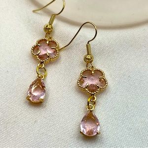 Pink Gold Glass Bead Charm Dangle Earrings featuring 18k gold plated hooks